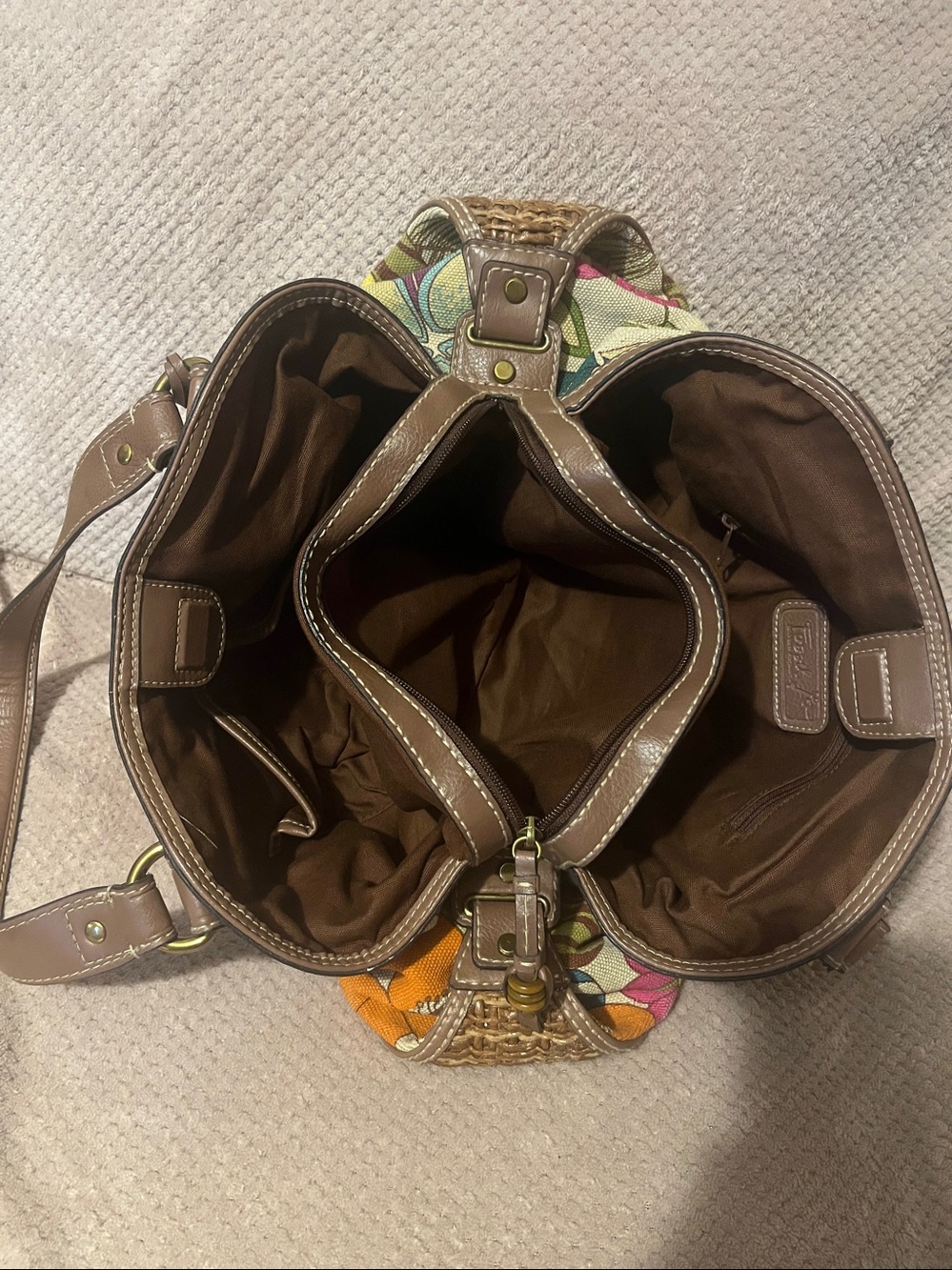 Floral Fossil Canvas Shoulder Bag with Brown Leather Handles - Picture 8 of 11